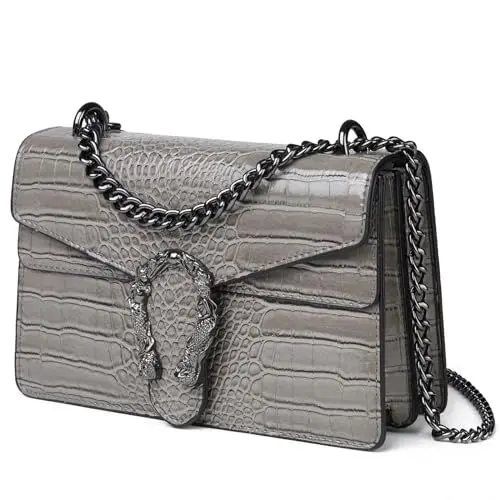 Produktbild: Travistar Kette Crossbody Bag Umhängetasche Damen Handtasche Damen Klein Schultertasche Leder cross body tasche stylisch Abendtasche mit Verstellbarer Ketten-Schulterriemen Grau