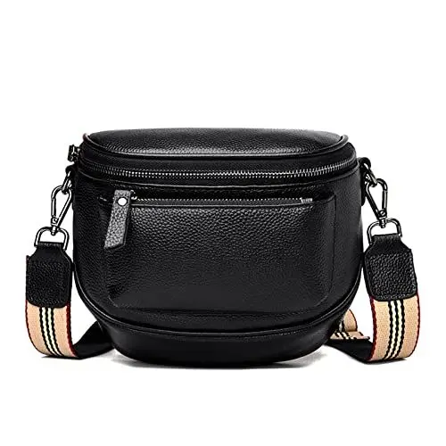 Produktbild: Travistar Kleine Umhängetasche Damen - Echtleder Crossbody Bag Damen Breiter Gurt Bauchtasche Gürteltasche Stylisch Schultertasche Moderne Taschen - Sportlich Hüfttasche Schwarz