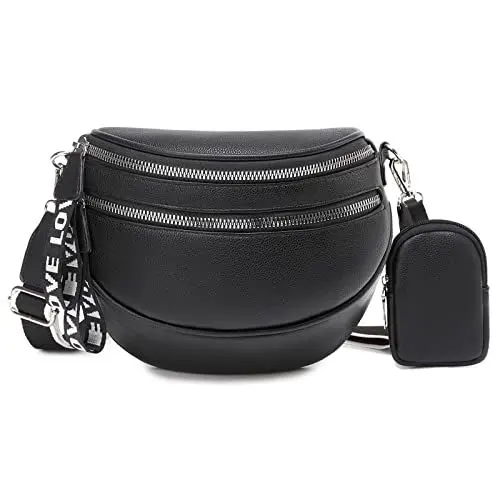 Produktbild: Travistar Umhängetasche Damen Klein - Breiter Gurt Herren Schultertasche Moderne Taschen Stylish Bauchtasche Vegan Leder Brusttasche mit Münze Geldbeutel - Sportlich Crossbody Bag Schwarz