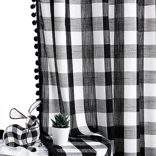Produktbild: Treatmentex Schwarz Weiß Buffalo Kariert Gardinen mit Kräuselband Vorhang Halbtransparente 135CM Breite Gardinen Landhausstil für Bauernhaus,Schlafzimmer,Wohnzimmer-2 Stück(Schwarz Weiß,135x180cm)