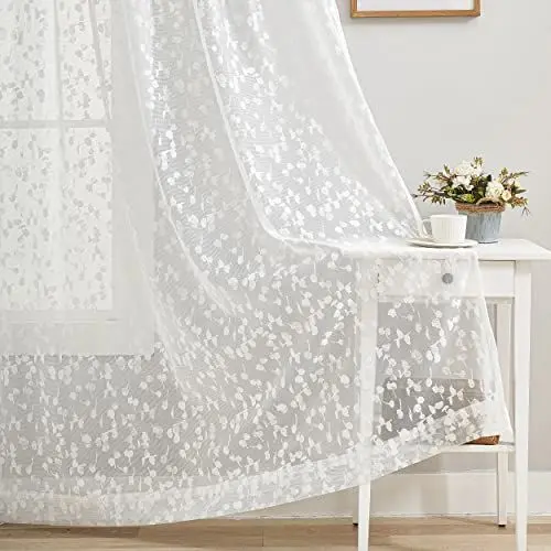 Produktbild: Treatmentex Weiß Halbtransparente Spitze Vorhang Moderne Stickerei Gardinen mit Ösen Häkeln Stricken Vorhang mit Blattmuster für Wohnzimmer Bauernhaus Schlafzimmer 2 Stücke,B140×H180cm