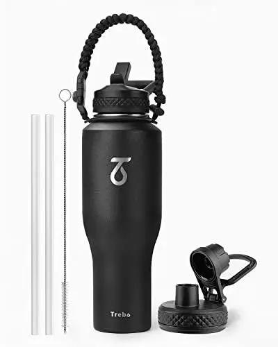 Produktbild: Thermobecher mit StrohhalmEdelstahl, Trebo Thermobecher 1l Kaffeebecher to go 40oz mit Strohhalm Tragbare Autobecher Becher Tumbler Kaffeetasse für Heißer und Kalter, Schwarz