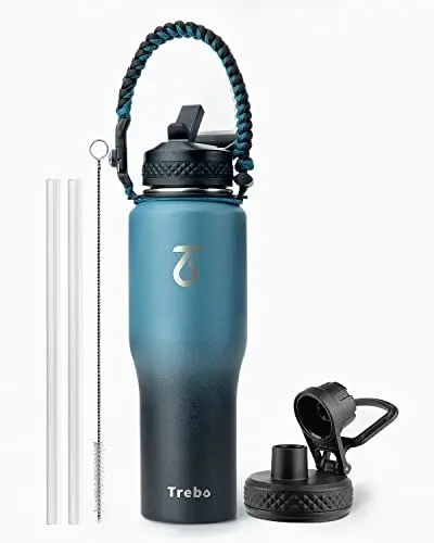 Produktbild: Trebo Thermobecher 1l, Kaffeebecher to go Edelstahl Trinkflasche 1L Becher mit Strohhalm Tragbare Autobecher Becher Tumbler Kaffeetasse für Heißer und Kalter, Indigo