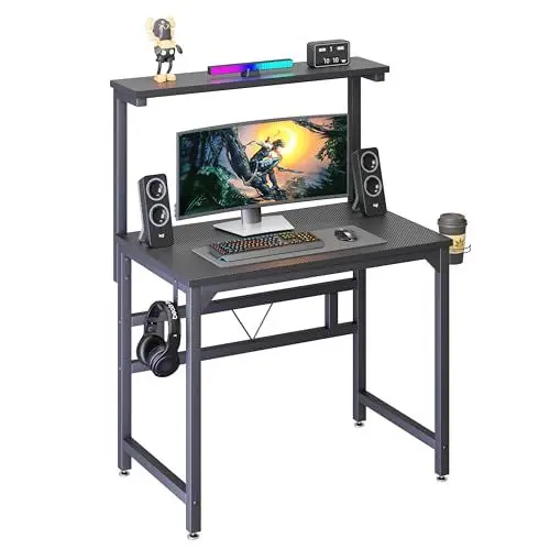 Produktbild: TREETALK Gaming Tisch, 80CM Computertisch mit Höhenverstellbarem Monitorständer in 5 Positionen (84,5–120 cm), PC Laptop Schreibtisch mit Becherhalter und Kopfhörerhaken für Büro Wohnzimmer