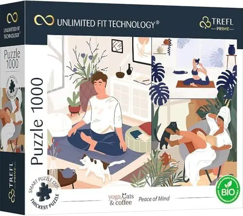 Produktbild: Trefl 10695 1000 Elemente, dickster Karton, Bio, ECO, Katzen, Kaffee, Entspannung, Erholung, Unterhaltung für Erwachsene und Kinder ab 12 Jahren, Puzzle Yoga, Cats & Coffee: Peace of Mind