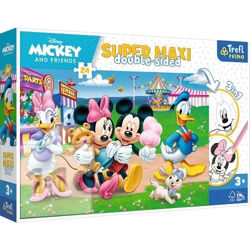 Produktbild: Trefl 41005 3 in 1: Puzzle 24 große Elemente Ausmalbuch Ausmalspiel Ausmalpuzzle mit Märchenfiguren Spaß für Kinder ab 3 Jahren Primo, Mickey im Vergnügungspark
