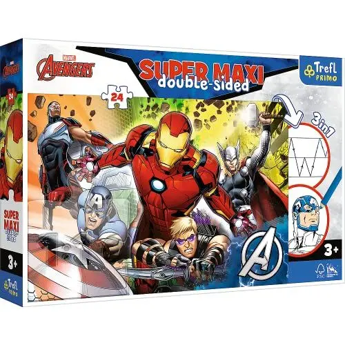 Produktbild: Trefl 41007 Starke 3 in 1: Puzzle 24 große Elemente Ausmalbuch Ausmalspiel Ausmalpuzzle mit Märchenfiguren Spaß für Kinder ab 3 Jahren Primo, Marvel Avengers