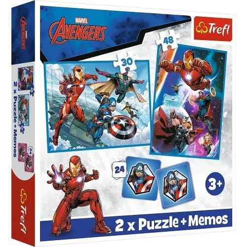 Produktbild: Trefl - Marvel The Avengers, Helden in Aktion - 3in1: 2X Puzzle + Memory-Spiel, Puzzle mit Superhelden, 30 und 48 Elemente, Verschiedene Schwierigkeitsgrade, 24 Memos, Spaß für Kinder ab 3 Jahren