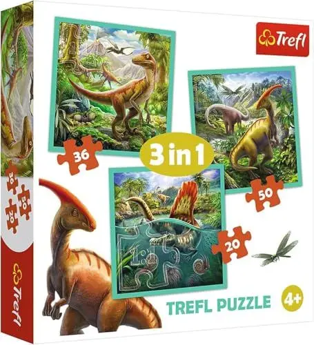 Produktbild: Trefl, Puzzle, Die außergewöhnliche Welt der Dinosaurier, von 20 bis 50 Teilen, 3 Sets, für Kinder ab 4 Jahren, 20x19,5cm