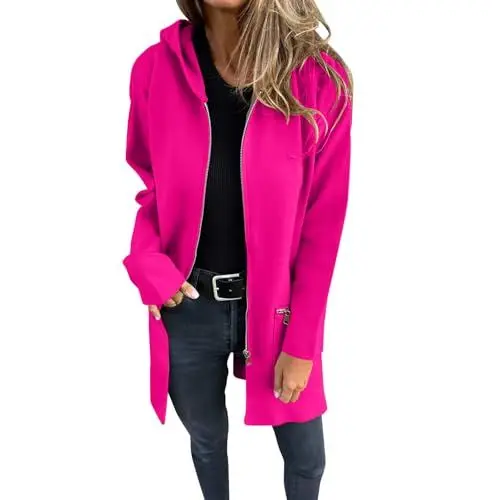 Produktbild: Trenchcoat Damen Langen Ärmeln Reißverschluss Blazermantel Elegant Einfarbig Lange Outdoorjacke Outdoorjacke Locker Lässig Mante Geschäft Büro Jacke mit Taschen(Hot Rosa,3XL)