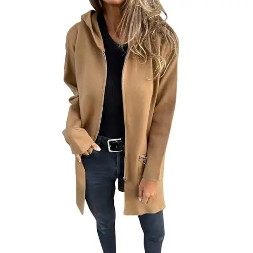 Produktbild: Trenchcoat Damen Langen Ärmeln Reißverschluss Blazermantel Elegant Einfarbig Lange Outdoorjacke Outdoorjacke Locker Lässig Mante Geschäft Büro Jacke mit Taschen(Khaki,S)