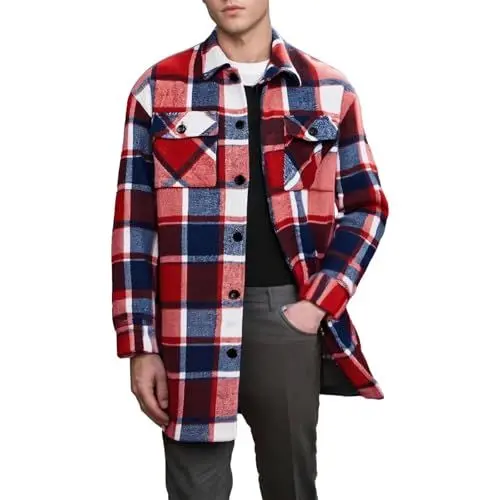 Produktbild: Trenchcoat Herren | Kariertes Hemdjacke Patchwork Muster Lässig Herrenmäntel Übergangsjacke Lang Holzfällerjacke mit Brusttasche Cargojacke Fashion Windbreaker S-XXL