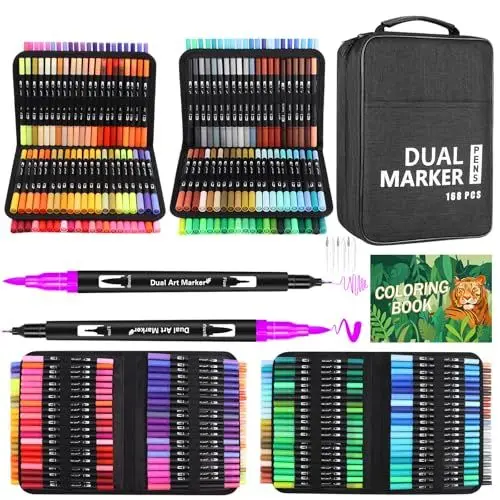 Produktbild: TrendGate Dual Brush Pen Set, 168 Farben Fineliner und Pinselstifte Set, Doppel Filzstifte Dicke und Dünne mit Malbücher für Handlettering, Bullet Journal, Mandalas Stifte für Kinder und Erwachsene