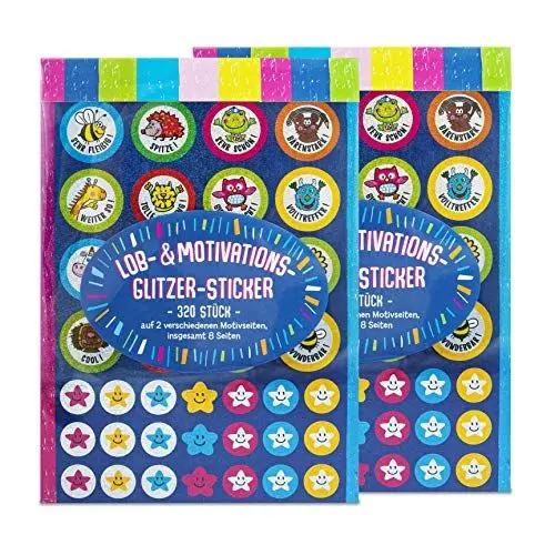 Produktbild: TRENDHAUS 601735 Sticker 2er-Set, 640 Lob- und Motivationssticker, Glitzer Kinder-Sticker, 32 verschiedene Motive, Für Lehrer und Eltern, 15 cm