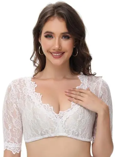 Produktbild: TrendiMax Damen Dirndlbluse Elegante Spitze Tracht Bluse Weiß Dirndlbluse Damen Kurzarm Oktoberfest Halbarm Bluse, Weiß-Rose-V-Ausschnitt, 36