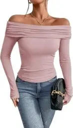 Produktbild: TrendiMax Damen Langarmshirt Elegant Stretch Pullover Slim Fit Off Shoulder Oberteil Langarm Tshirts Schulterfrei Sexy Enge Tops Y2K Crop Top Einfarbig (L, Altrosa)