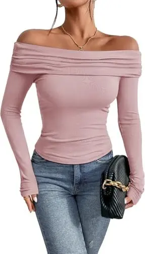 Produktbild: TrendiMax Damen Langarmshirt Elegant Stretch Pullover Slim Fit Off Shoulder Oberteil Langarm Tshirts Schulterfrei Sexy Enge Tops Y2K Crop Top Einfarbig (L, Altrosa)