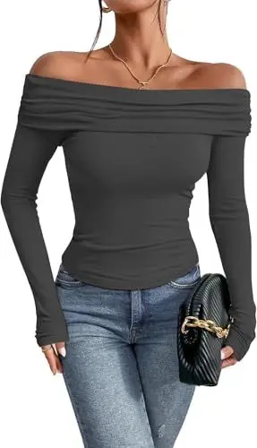 Produktbild: TrendiMax Damen Langarmshirt Elegant Stretch Pullover Slim Fit Off Shoulder Oberteil Langarm Tshirts Schulterfrei Sexy Enge Tops Y2K Crop Top Einfarbig (L, Dunkelgrau)