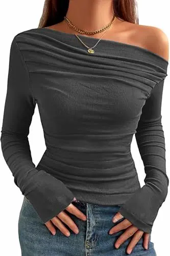 Produktbild: TrendiMax Damen Langarmshirt Elegant Stretch Pullover Slim Fit One Off Shoulder Oberteil Langarm Tshirts Crop Top Schulterfrei Asymmetrischer Y2k Enge Tops Sexy (L, Dunkelgrau)