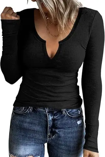 Produktbild: TrendiMax Damen Langarmshirt Gerippt Stretch Pullover Elegant Langarm Oberteile Hemd Tshirts V Ausschnitt Casual Basic Tops (M, Schwarz)