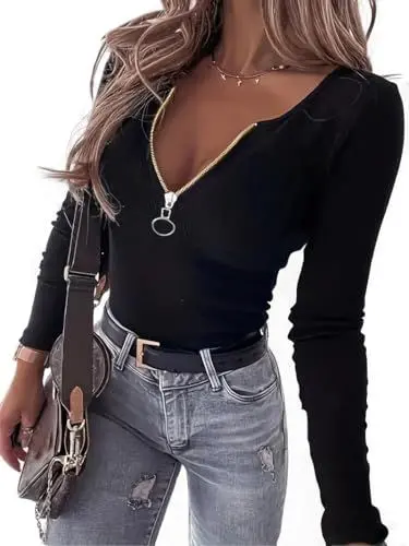 Produktbild: TrendiMax Damen Langarmshirt Gerippt Stretch Pullover Sexy V Ausschnitt Langarm Oberteile Reißverschluss Slim Fit Basic Shirt Ribbed Tops (S, Schwarz)