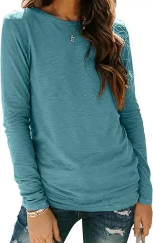 Produktbild: TrendiMax Damen Langarmshirt Lässiges Basic T-Shirt Einfarbig Langarm Oberteile Tunkia Tops Casual Bluse Rundhals Tee Shirt (S, Blaugrün)