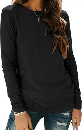 Produktbild: TrendiMax Damen Langarmshirt Lässiges Basic T-Shirt Einfarbig Langarm Oberteile Tunkia Tops Casual Bluse Rundhals Tee Shirt (L, Schwarz)