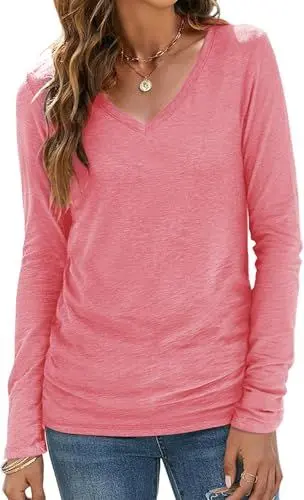 Produktbild: TrendiMax Damen Langarmshirt Lässiges Basic T-Shirt V Ausschnitt Langarm Oberteile Tunkia Tops Casual Bluse Tee Shirts Einfarbig (XL, Lila)