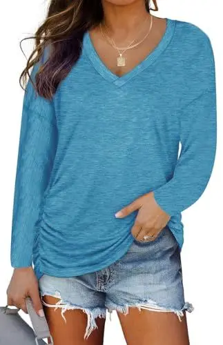 Produktbild: TrendiMax Damen Langarmshirt V Ausschnitt Langarm Tunika Loose Fit Casual Oberteile Bluse Tops Basic Tee Shirts (M, Blau)