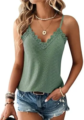 Produktbild: TrendiMax Damen Spitze Top Sommer V Ausschnitt Spaghetti Oberteile Ärmellose Shirt Sexy Cami Top (S, Olivegrün)