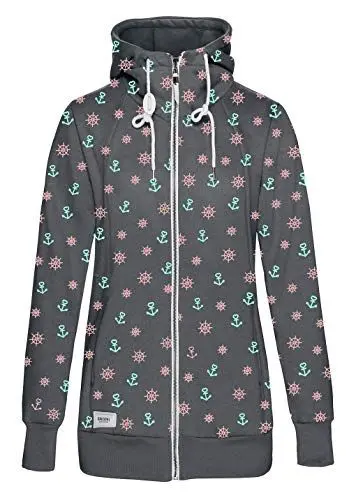 Produktbild: TrendiMax Damen Sweatjacke Kapuzenjacke Full Zip Sweater Langer Hoodie Kapuzenpullover-XL-Dunkelgrau mit Anker Druck