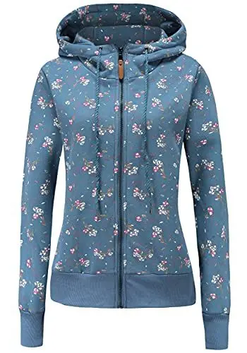 Produktbild: TrendiMax Damen Sweatjacke Kapuzenpullover Zip Hoodie Jacke mit Kapuze Winter Sweatshirt Kapuzenjacke, Blau Bedruckt, S