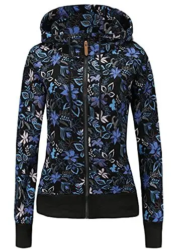 Produktbild: TrendiMax Damen Sweatjacke Kapuzenpullover Zip Hoodie Jacke mit Kapuze Winter Sweatshirt Kapuzenjacke, Schwarz Blumen, L