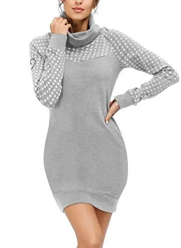 Produktbild: TrendiMax Damen Sweatshirt Langarm Hoodie Kleid Pulloverkleid Rollkragen Sweatkleid Kapuzenpulli Lange Tops, Grau, L
