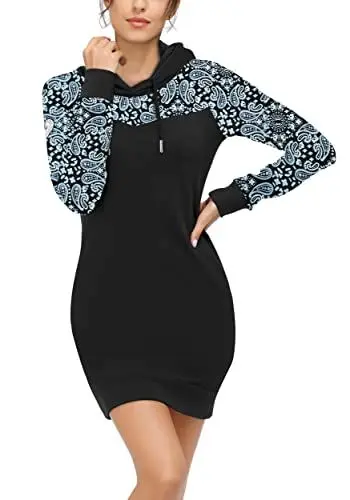 Produktbild: TrendiMax Damen Sweatshirt Langarm Hoodie Kleid Pulloverkleid Rollkragen Sweatkleid Kapuzenpulli Lange Tops, Schwarz Blumen, XL