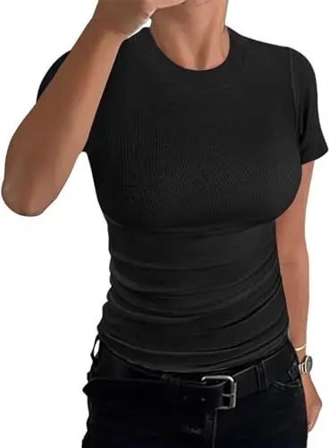 Produktbild: TrendiMax Damen T-Shirt Gerippt Slim Fit Basic Tee Shirts Rundhals Kurzarm Sommer Tshirt Casual Oberteile Bluse Tops (M, Schwarz)