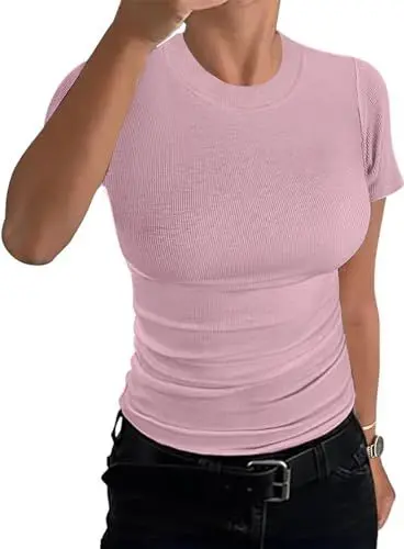 Produktbild: TrendiMax Damen T-Shirt Gerippt Slim Fit Basic Tee Shirts Rundhals Kurzarm Sommer Tshirt Casual Oberteile Bluse Tops (S, Rosa)
