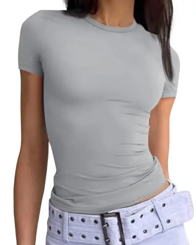 Produktbild: TrendiMax Damen T-Shirt Slim Fit Y2K Oberteile Sexy Cropped Sommer Tops Basic Tee Rundhals Crop Top Einfarbig Kurzarm T Shirt (M, Grau)