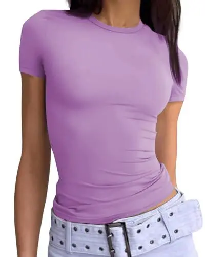 Produktbild: TrendiMax Damen T-Shirt Slim Fit Y2K Oberteile Sexy Cropped Sommer Tops Basic Tee Rundhals Crop Top Einfarbig Kurzarm T Shirt (S, Frisch Lila)