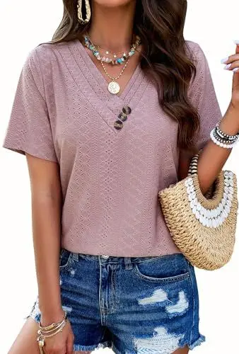 Produktbild: TrendiMax Damen T-Shirt V Ausschnitt Kurzarm Sommer Shirt Knöpfe Strand Bluse Casual Oberteil Tunika Tops, Altrosa, L