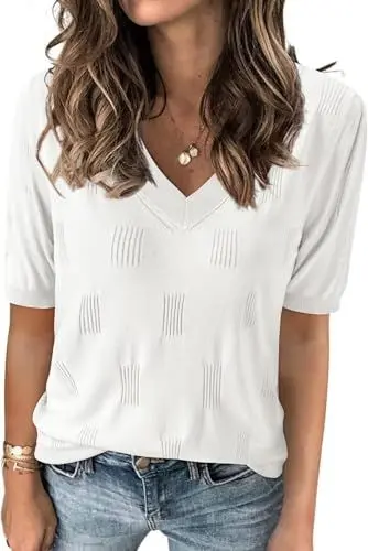 Produktbild: TrendiMax Damen T-Shirt V Ausschnitt Kurzarm Strick Shirt Dünne Pullover Sommer Frühling Strickpullover Casual Oberteile Bluse Tops (L, Weiß)