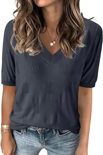 Produktbild: TrendiMax Damen T-Shirt V Ausschnitt Kurzarm Strick Shirt Dünne Pullover Sommer Frühling Strickpullover Casual Oberteile Bluse Tops (M, Grau)