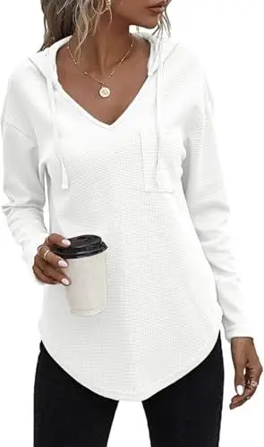 Produktbild: TrendiMax Kapuzenpullover Damen Hoodie Waffel Langarm V Ausschnitt Sweatshirt Leichter Pullover Herbst Casual Oberteile Tops Einfarbig (M, Weiß)