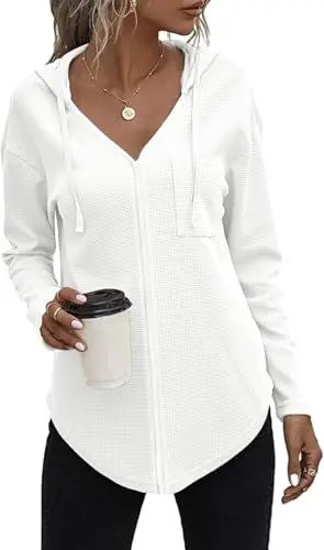 Produktbild: TrendiMax Kapuzenpullover Damen Hoodie Waffel Langarm V Ausschnitt Sweatshirt Leichter Pullover Reißverschluss Einfarbig Casual Oberteile Tunika Tops (XL, Weiß)