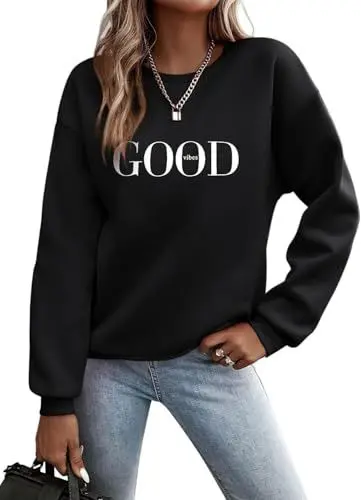 Produktbild: TrendiMax Pullover Damen Herbst Übergangs Sweatshirt Briefe Drucken Rundhals Langarm Pulli Locker Casual Oberteile Streetwear Sweatshirts ohne Kapuze (L, Schwarz)