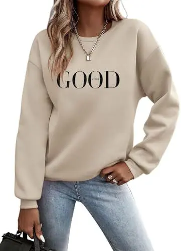 Produktbild: TrendiMax Pullover Damen Herbst Übergangs Sweatshirt Briefe Drucken Rundhals Langarm Pulli Locker Casual Oberteile Streetwear Sweatshirts ohne Kapuze (M, Aprikose)