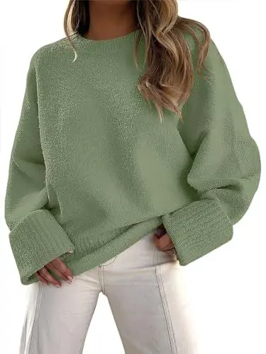 Produktbild: TrendiMax Pullover Damen Oversized Winter Strickpullover Rundhals Casual Strickpulli Langarm Sweatshirt Outwear Jumper Sweater (M, Armeegrün)
