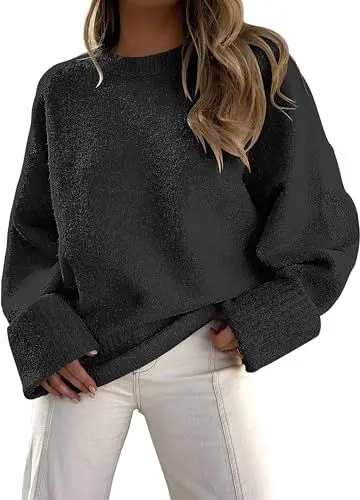 Produktbild: TrendiMax Pullover Damen Oversized Winter Strickpullover Rundhals Casual Strickpulli Langarm Sweatshirt Outwear Jumper Sweater (XL, Schwarz)