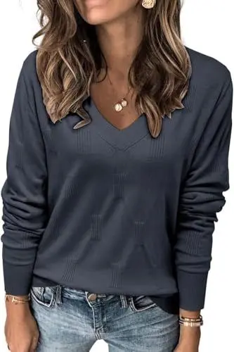 Produktbild: TrendiMax Pullover Damen V Ausschnitt Strickpullover Elegant Herbst Frühling Casual Oberteile Langarm Sweatshirt Basic Tops (M, Grau)