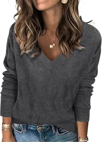 Produktbild: TrendiMax Pullover Damen V Ausschnitt Strickpullover Elegant Herbst Frühling Casual Oberteile Langarm Sweatshirt Basic Tops (M, Dunkelgrau)
